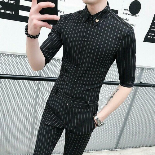 Mens 2 Piece Suits Shirts Striped Pants Slim fit Formal Dress Half sleeve  Korean | eBay