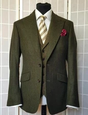 Olive Green Men Suit Herringbone Tweed Vintage Office Groom Tuxedos Wedding Suit