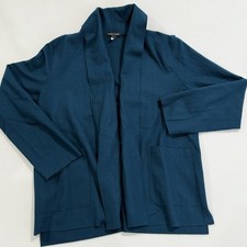 Eileen Fisher Teal Blue 100  Wool Open Front Cardigan Size Small Long Sleeve