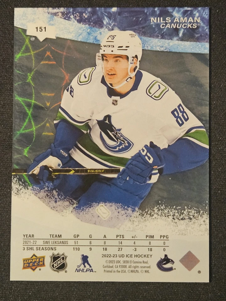 22-23 UD Ice Nils Aman Rookie Premieres #/1299 ❄️❄️❄️ Vancouver Canucks  - Image 3 of 3