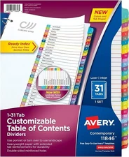 Ready Index Customizable Table of Contents Multicolor Dividers 1-31 Tab - 12EA