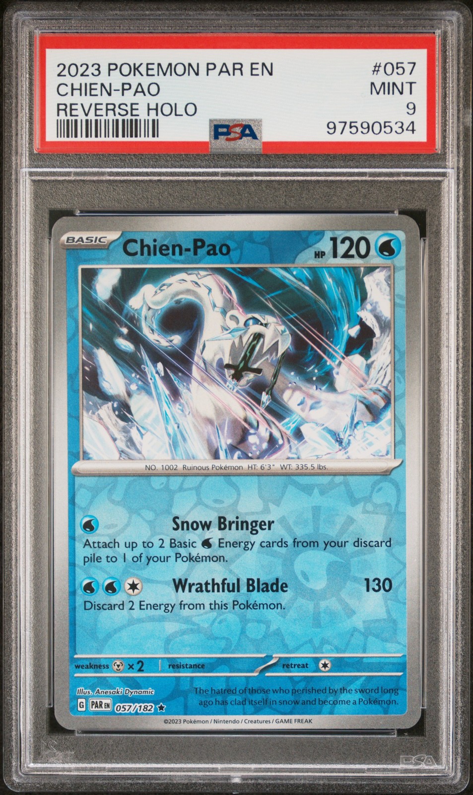 2023 POKEMON PARADOX RIFT #057 CHIEN-PAO REVERSE HOLO PSA 9 PAR EN #57 POP 2
