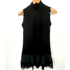 LOGO by Lori Goldstein Sleeveless Tank Tunic Lace Hem Black Womens XXS 2XS