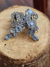 Vtg Clip On Eearings Silver Tone Layered Blue Rhinestones Round Marquise Prong  