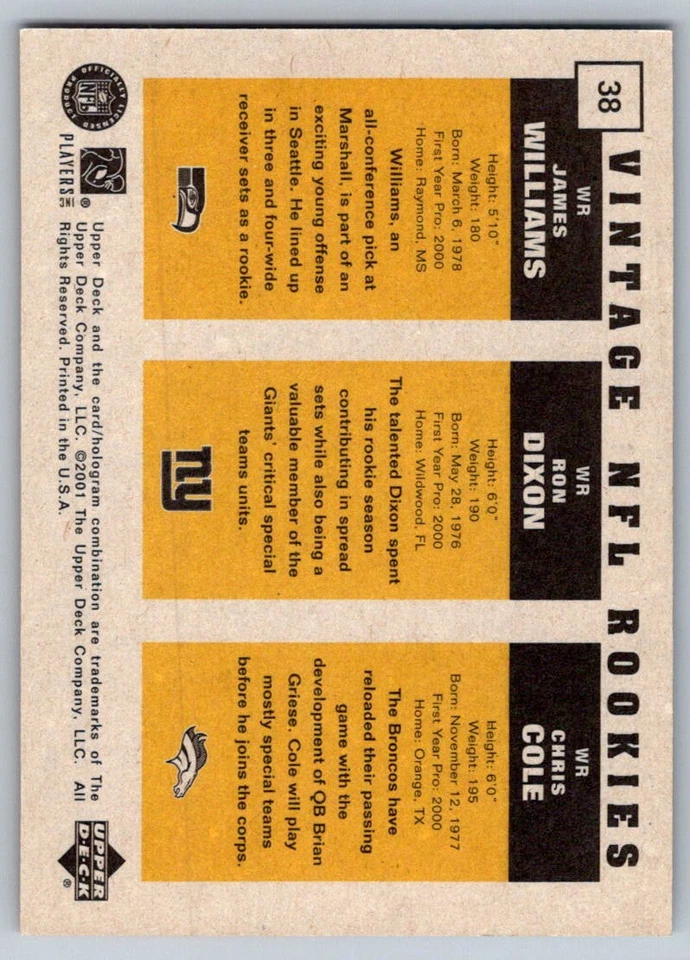 2000 Upper Deck Vintage Preview  Cole Dixon & Williams 38 0536/1500 - Image 2 of 2