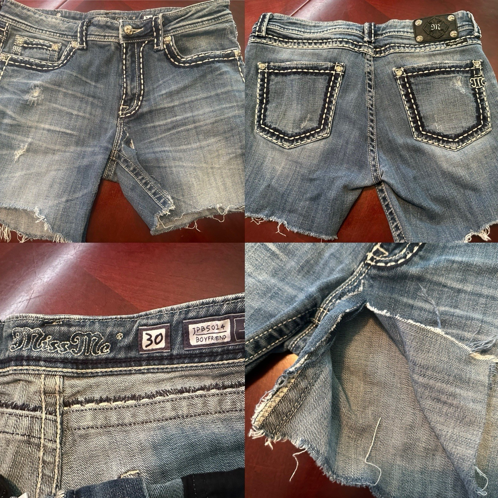 Miss Me Boyfriend Denim Shorts Blue Size 30 Embroidered Fray