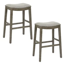Pemberly Row Saddle Stool 30" in Gray Fabric and Antique Gray Base 2-Pack
