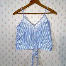 Blue and White Striped Lace Accent Crop Top Women's Junior's Size Small