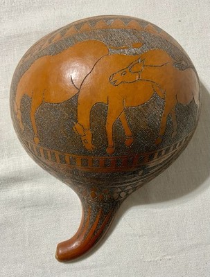 Calabash Gourd African Folk Art Buck Lizar Decor Hand Carved Etched Wall Hanging