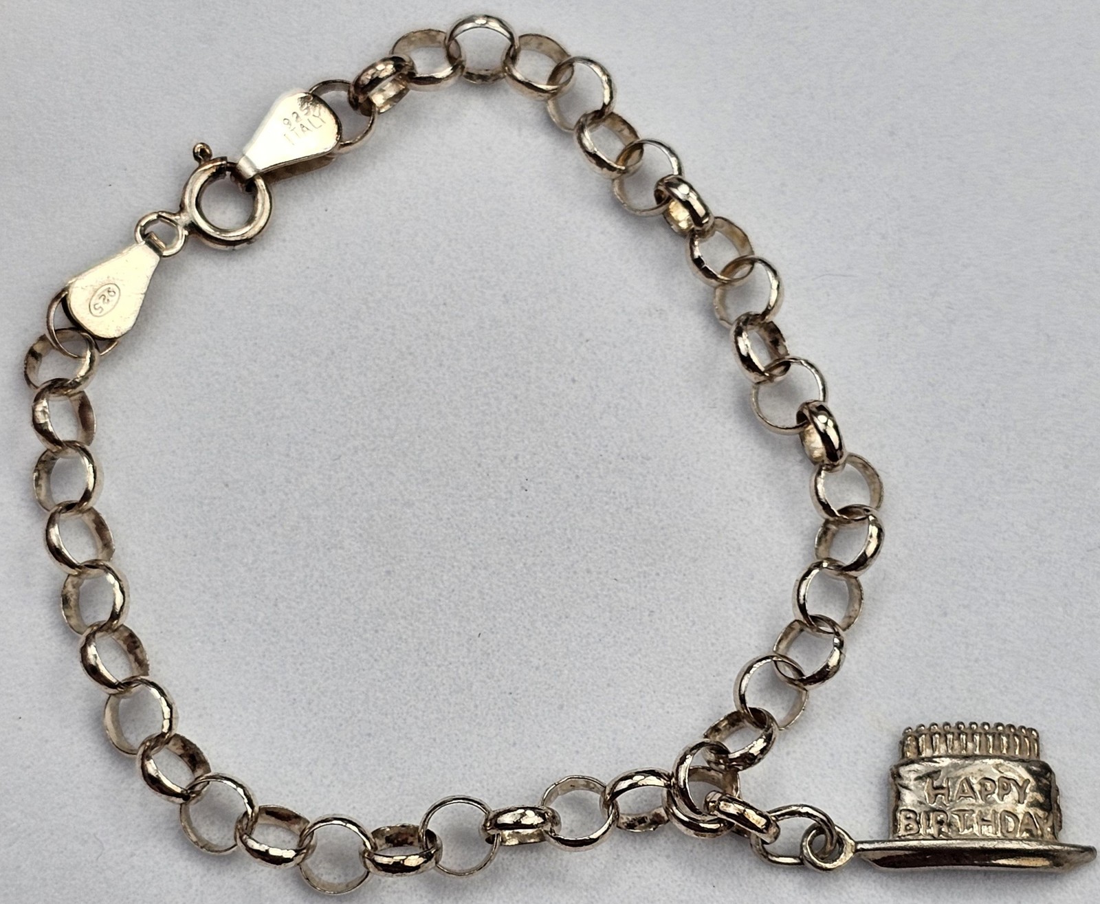 Vintage Sterling Silver 925 Bracelet Italy 7" Happy Birthday Cake Charm SU