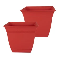 12" Red Square Plastic Planters with Saucers Drainage Indoor Outdoor Pack of 2