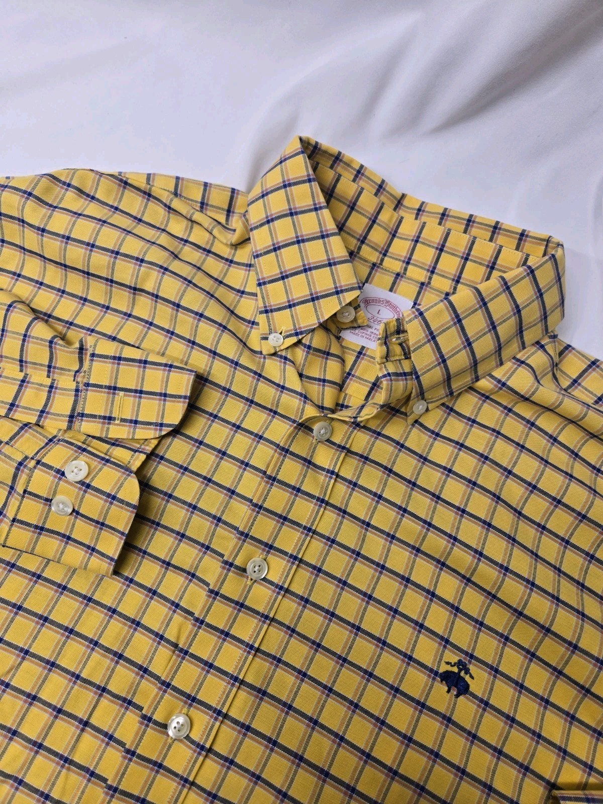 Brooks Brothers Shirt Large Long Sleeve Button Down Yellow Check Logo Cotton