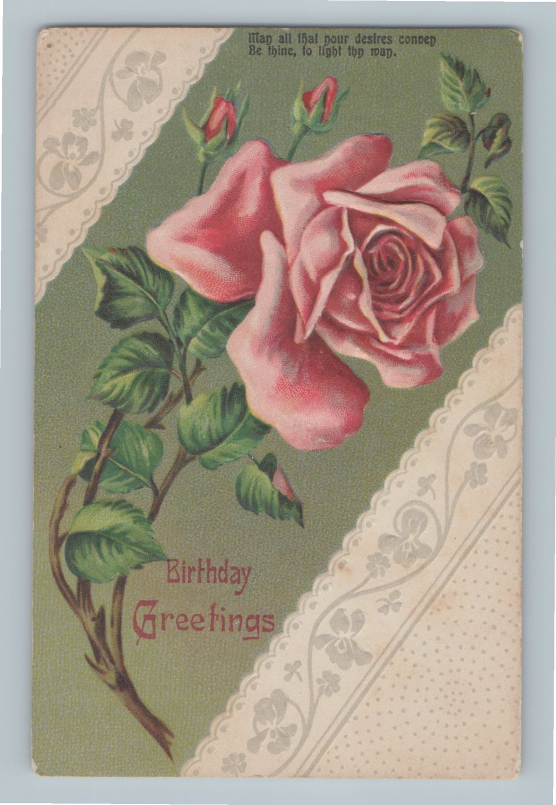 Birthday Greetings Pink Rose White Lace Design Embossed Antique Postcard H7