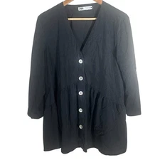 Zara Black Button Down Baby Doll Long Sleeve Top Size Large