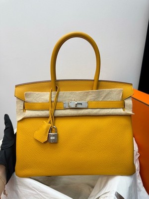 AUTH Hermès Birkin 30 Jaune Ambre Togo Leather Silver Hardware Handle Tote Bag