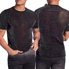 T-shirt pour homme à manches courtes avec découpe en résille transparente et col rond dans le dos Noir A L