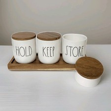 RAE DUNN: SET OF 3: WOOD TOP CANISTERS: HOLD: KEEP: STORE: WITH TRAY: BRAND NEW