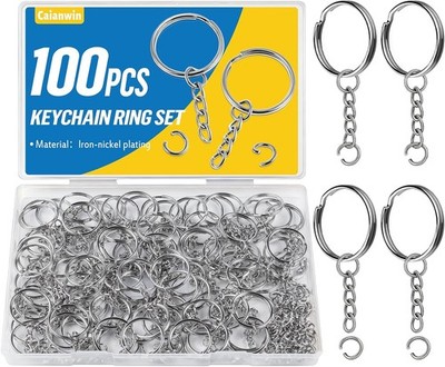 Caianwin 100 Stück 25mm Schlüsselring mit Kette und Spaltring?Silber Keyring M