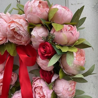 Artificial Peony Wreath Heart Shape Silk Flower 40cm For Door Hanging Decor