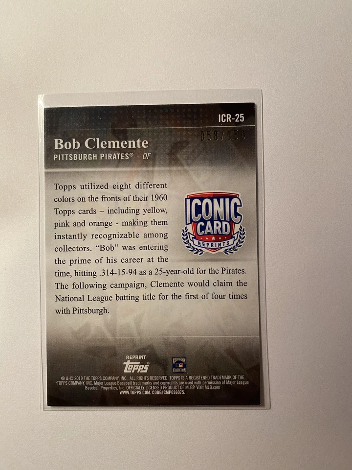 Bob Clemente 2019 Topps Update #ICR-25 Pittsburgh Pirates 150 stamp 58 /150 SP - Image 2 of 2