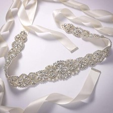 Luxury Crystal Bridal Sash Rhinestone Pearl Wedding Dress Belts with Ribbon