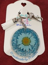 Floral Real Pressed Blue Daisy Flower Keychain Acrylic Resin glitter with clip