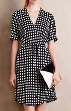 ANTHROPOLOGIE 11.1. Tylho Navy Polka Dot Wrap Belted Short Sleeve Dress SZ M