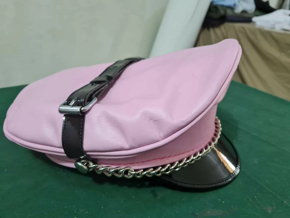 Real Leather pink Leather Biker Peaked Muir Army Police Gay Chain Cap Party Hat - Image 2 of 4