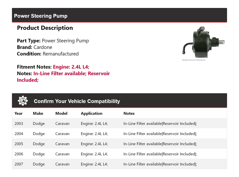 Bomba de dirección asistida Cardone 2004 2005 2006 para Dodge Caravan 2003-2007 2,4 L L4 Foto 2 de 4