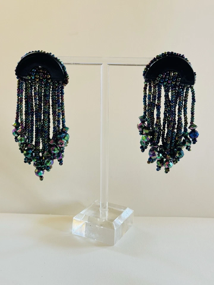 Pendientes de vidrio años 80 de colección negros perforados gruesos racimo cuelgan lucite declaración grande Foto 2 de 4