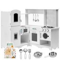 Wooden corner kitchen with fridge, oven, washing machine, apron and accessories