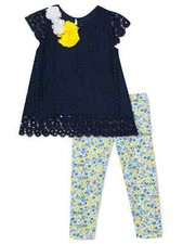 Infant Girls Navy Blue  Yellow Lace T-Shirt  Floral Legging Outfit
