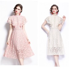 Donna Floreale Pizzo Cocktail Abito Vita Alta Finto Estivo Collo Elegante Casual