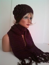 PLUM WINE HAND CROCHET FLOWER HAT AND SCARF SET BEANIE SKULL SKI CAP TAM