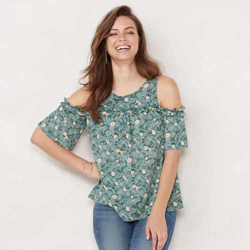 Женский топ LC Lauren Conrad с открытыми плечами и рюшами - Small Petite (зеленый)