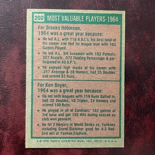 1975 Topps Set BROOKS ROBINSON KEN BOYER 1964 MVPs #202 ORIOLES CARDINALS NRMINT - Picture 2 of 2