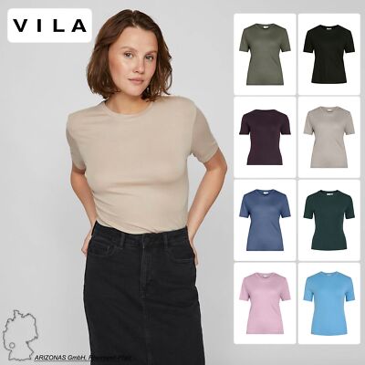 VILA Damen T-Shirt Rundhals Enger Schnitt Kurzarm Bequem und Stilvoll