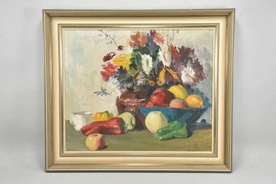 Ölgemälde Blumen & Obst Tafel Still Leben, Paris 1963, monogrammier