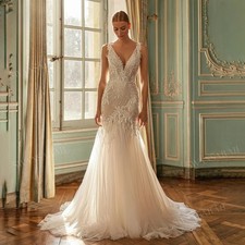 Sleeveless Mermaid WeddingDress Vneck Open Back AppliquesLace Princess BrideGown