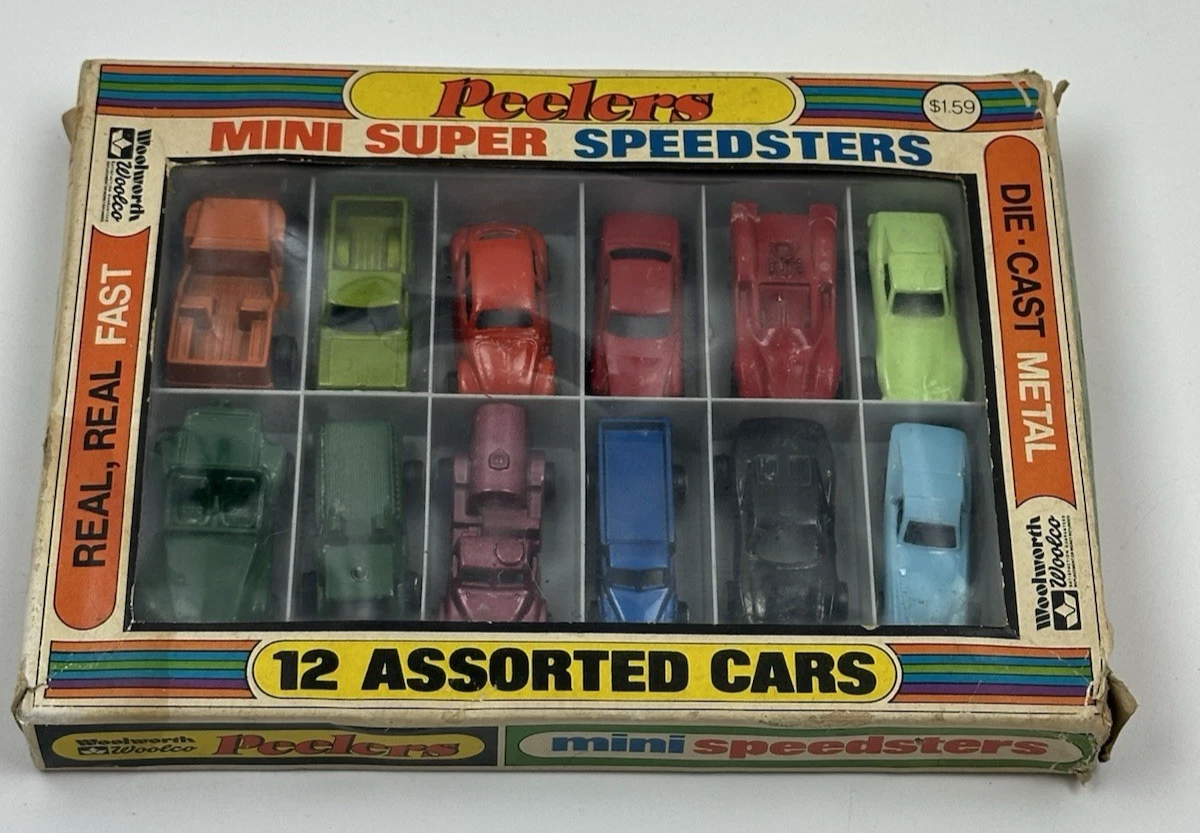 Vintage Peelers Mini Super Speedsters 12 Assorted Cars Woolworth Woolco Boxed
