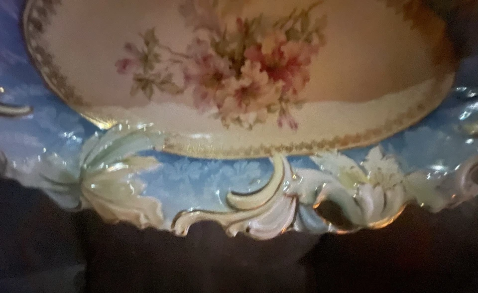 "Hacha alemana Atq Alterburge porcelana pintada a mano borde con volantes borde dorado 13""x 9""" Foto 3 de 4