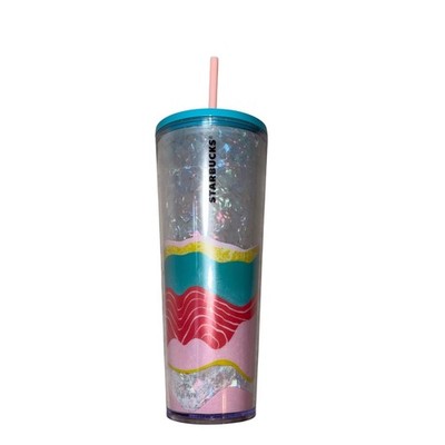 Starbucks 24oz Cold Cup Tumbler Abstract Waves Iridescent Confetti Teal Pink