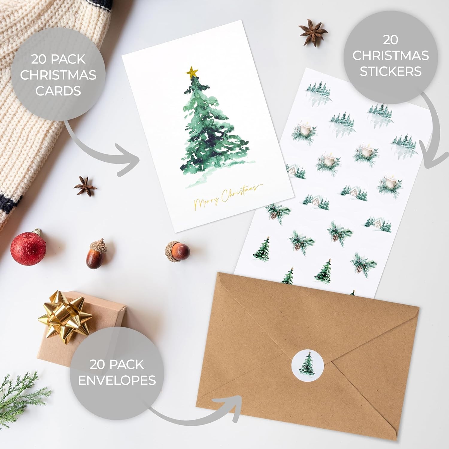 ZICOTO Beautiful Christmas Cards Set of 20 with Watercolor Designs - Incl. Bulk 