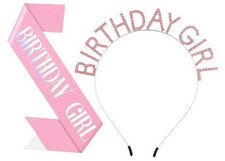 Birthday Headband with Sash for Women, Birthday Crwon Tiara for Decorations Pink