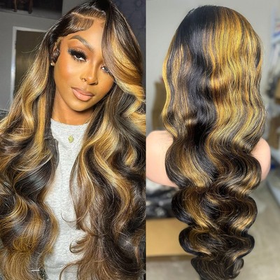Ombre Highlight Lace Front Wig Human Hair Pre Plucked 200 Density HD Transpar...