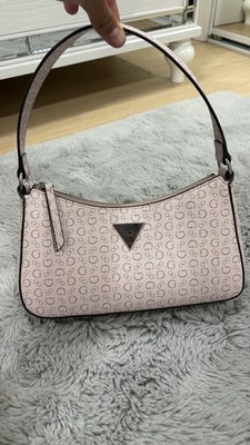 GUESS Pink Logo Pattern Zip-Top Shoulder Bag w/ Inner Pockets Silver Hardware