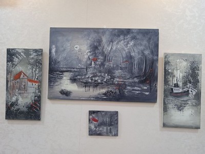 4PC Hand Painted Acrylic Landscape Canvas Art Set Grey Black White Pop of Red