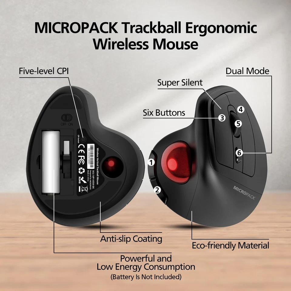 MicroPack Ergonomic Wireless Mouse with Trackball and 5 Adjustable DPI, Easy ... - Image 2 of 4
