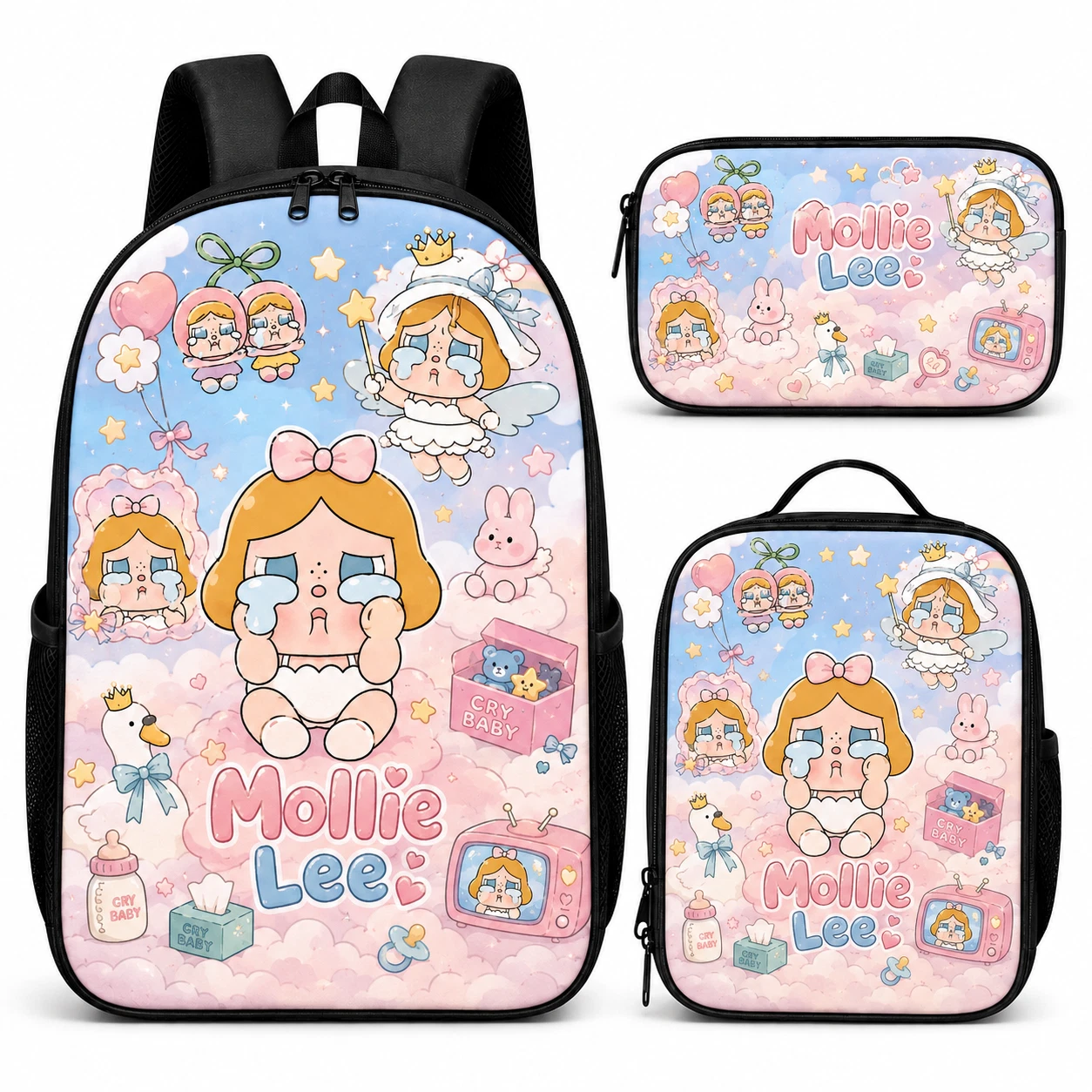 Custom Name 3Pcs Backpack Set Cute Tearful Doll Pastel Clouds School Bookbag