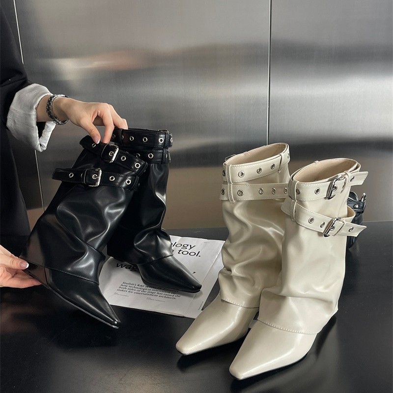 Fashion Sexy White High-heel Short Boots Women's Buckle Rivet Pointed Toe Boots